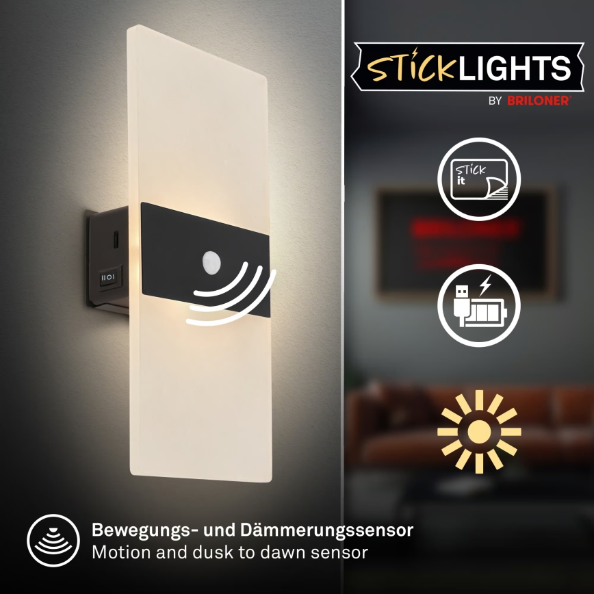 Briloner 3888015 - Applique da parete ricaricabile a LED AURA con sensore di movimento e crepuscolare LED/2,5W/5V 1800 mAh nera