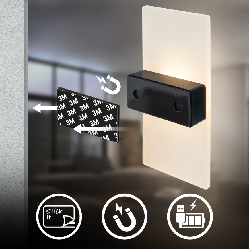 Briloner 3888015 - Applique da parete ricaricabile a LED AURA con sensore di movimento e crepuscolare LED/2,5W/5V 1800 mAh nera