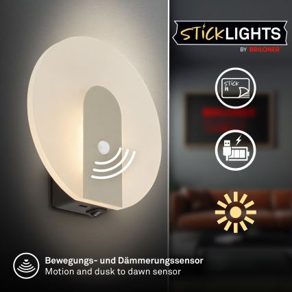 Briloner 3889012 - Lampada da parete LED ricaricabile con sensore di movimento e crepuscolare TARO LED/2,5W/5V 1800 mAh finitura cromo opaco