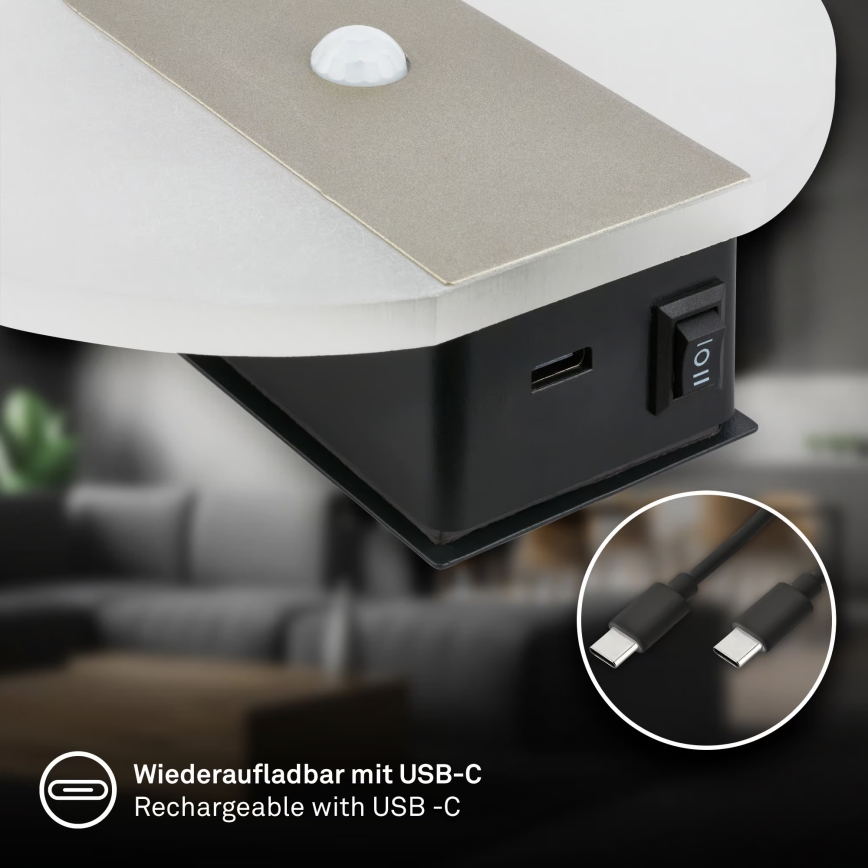 Briloner 3889012 - Lampada da parete LED ricaricabile con sensore di movimento e crepuscolare TARO LED/2,5W/5V 1800 mAh finitura cromo opaco