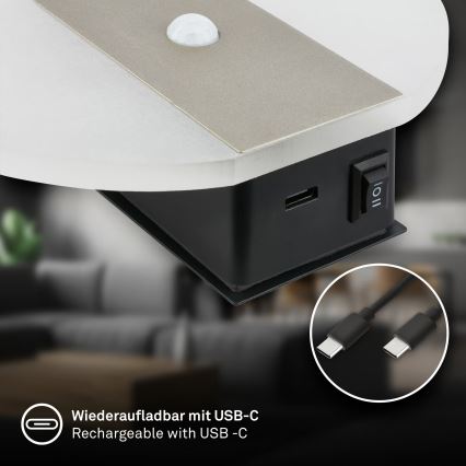 Briloner 3889012 - LED wiederaufladbare Wandleuchte mit Bewegungs- und Dämmerungssensor TARO LED/2,5W/5V 1800 mAh mattchrom