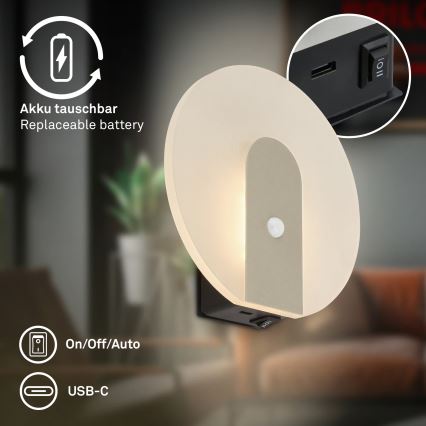 Briloner 3889012 - LED wiederaufladbare Wandleuchte mit Bewegungs- und Dämmerungssensor TARO LED/2,5W/5V 1800 mAh mattchrom