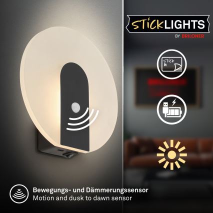 Briloner 3889015 - Applique murale LED rechargeable TARO avec détecteur de mouvement et capteur crépusculaire, LED 2,5 W / 5 V, 1800 mAh, noire