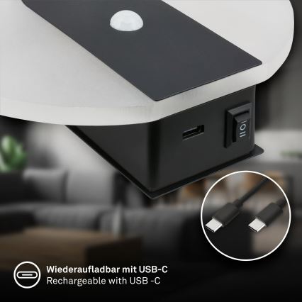 Briloner 3889015 - Applique murale LED rechargeable TARO avec détecteur de mouvement et capteur crépusculaire, LED 2,5 W / 5 V, 1800 mAh, noire