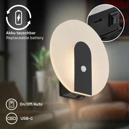 Briloner 3889015 - Applique murale LED rechargeable TARO avec détecteur de mouvement et capteur crépusculaire, LED 2,5 W / 5 V, 1800 mAh, noire