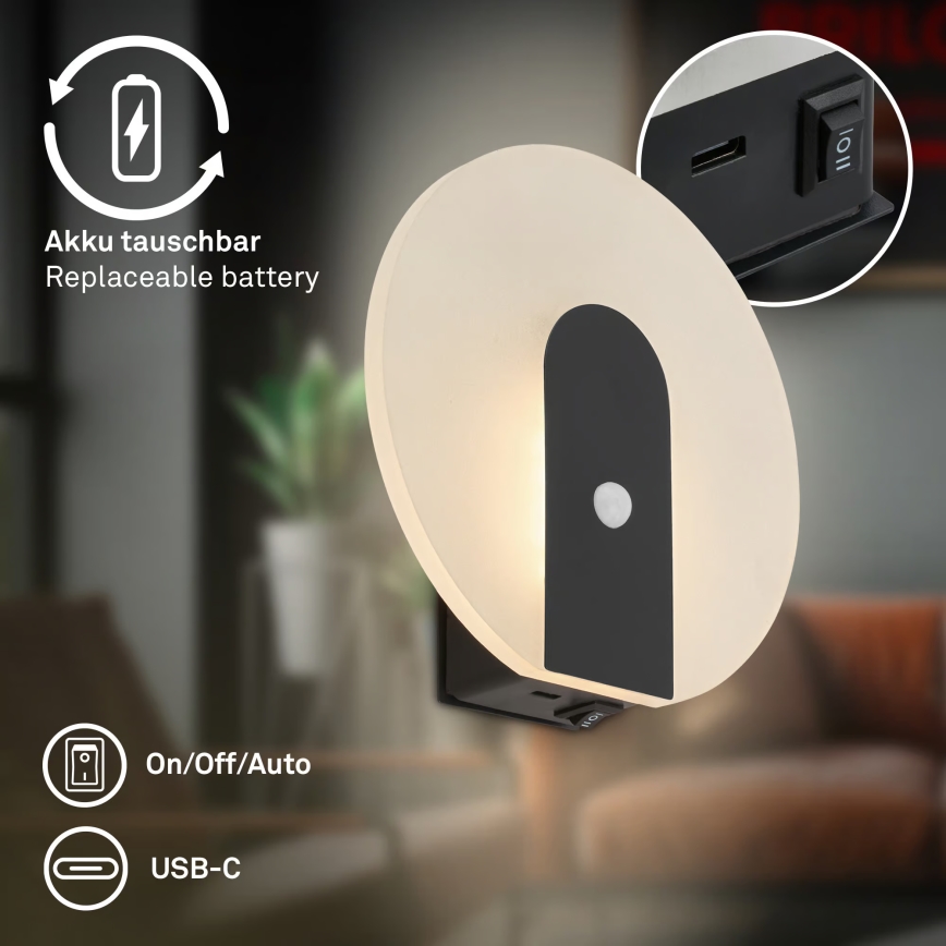 Briloner 3889015 - Applique murale LED rechargeable TARO avec détecteur de mouvement et capteur crépusculaire, LED 2,5 W / 5 V, 1800 mAh, noire