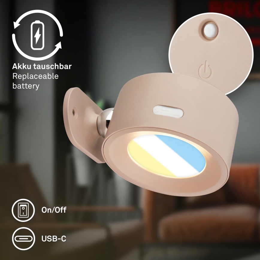 Briloner 3896011 - TARI LED Wandleuchte, dimmbar, wiederaufladbar, 1,6W/5V, 1500 mAh, beige