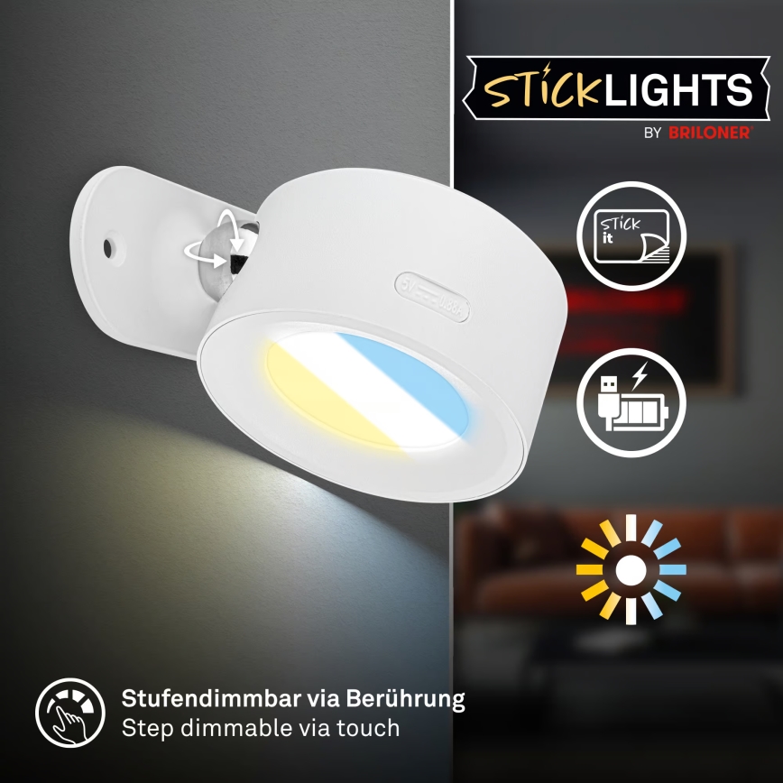 Briloner 3896016 - Applique murale rechargeable LED dimmable TARI LED/1,6W/5V 1500 mAh blanche