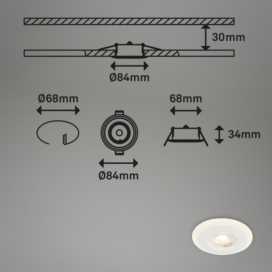 Briloner 7039036 - Set da 3 faretti LED da incasso per bagno, 5 W, 230 V, IP44, bianco