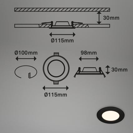 Briloner 7049015 - dimmbare LED-Badezimmer-Einbauleuchte LED/6W/230V 3000K IP44 schwarz