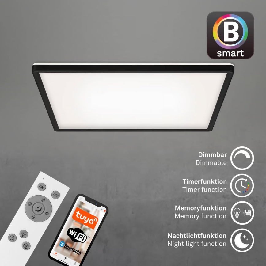 Briloner 7060-015 - Panneau SLIM LED dimmable, 22W, 230V, 2700-6500K, 42x42 cm, noir, Wi-Fi Tuya + télécommande