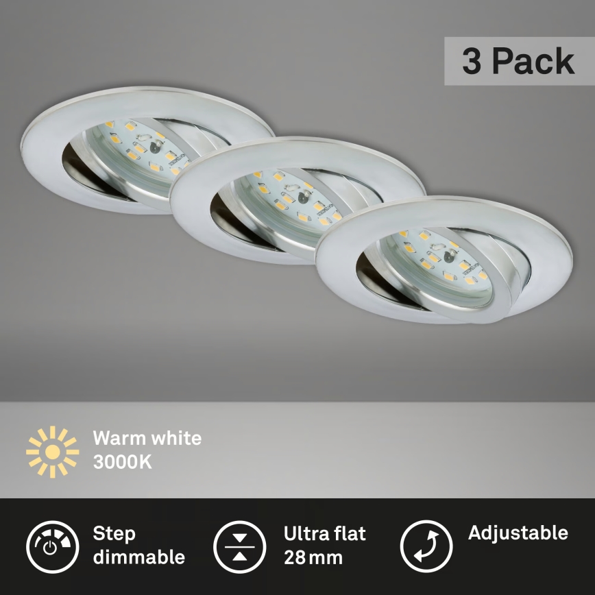 Briloner 7296-039 - Ensemble de 3 spots LED encastrables pour salle de bains, dimmables, 1x LED/6,5 W/230 V, 3000 K, IP23, chrome mat
