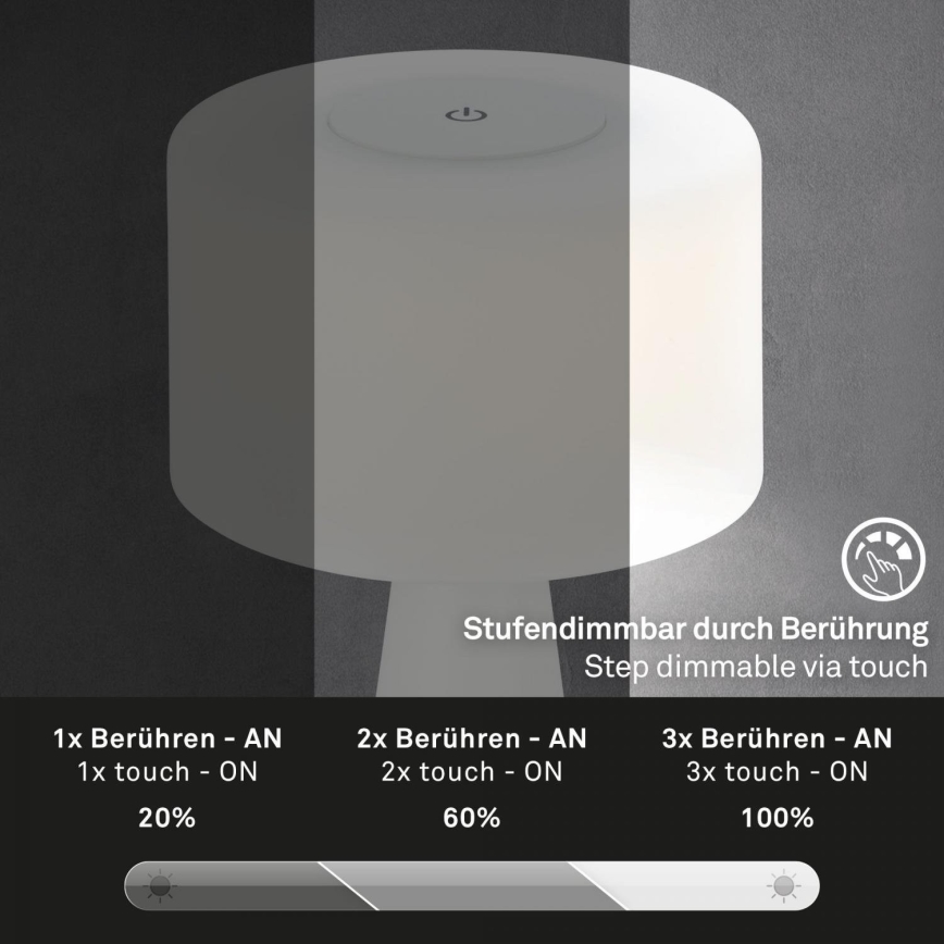 Briloner 7420016 - Lampe de table tactile d'extérieur rechargeable et à intensité variable LED/4W/5V IP44 3000K blanc
