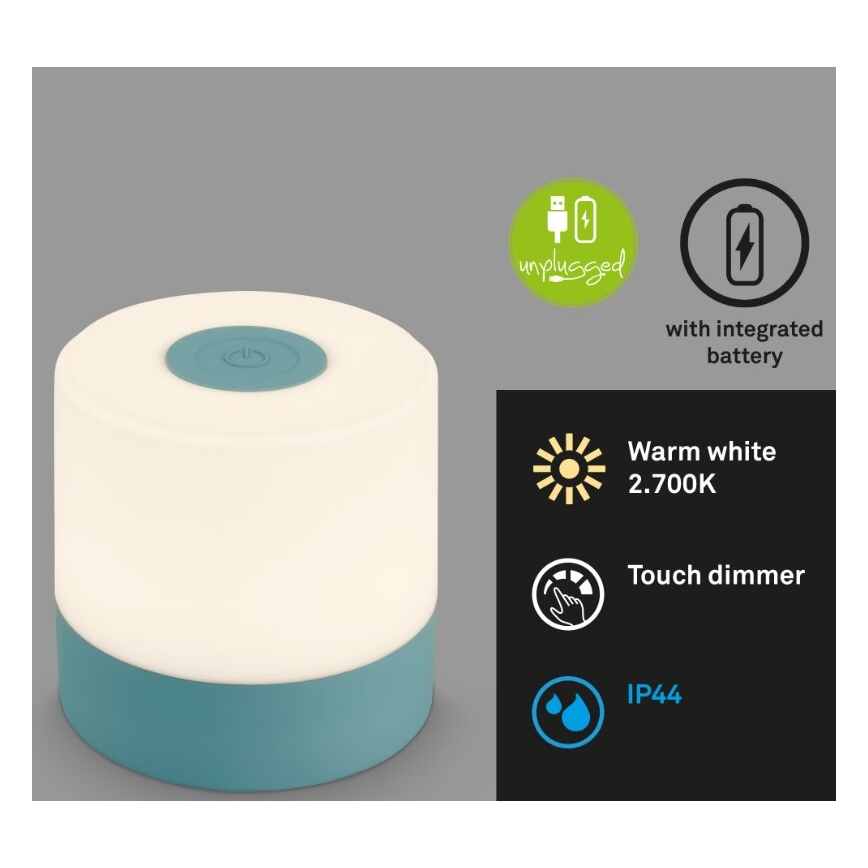 Briloner 7461010 - Lampe de table d'extérieur à intensité variable rechargeable LED/2W/5V IP44 1200 mAh bleu