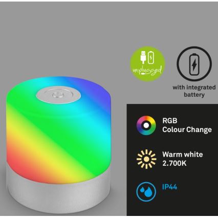Briloner 7462014 - Lampe de table extérieure RGB rechargeable LED/1,5W/5V IP44 chrome mat