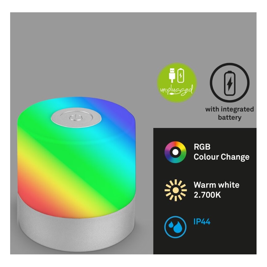 Briloner 7462014 - Lampe de table extérieure RGB rechargeable LED/1,5W/5V IP44 chrome mat