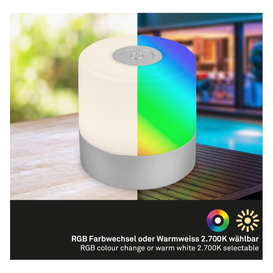 Briloner 7462014 - Lampe de table extérieure RGB rechargeable LED/1,5W/5V IP44 chrome mat