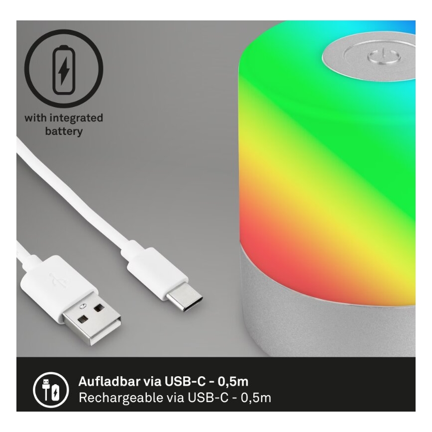 Briloner 7462014 - Lampe de table extérieure RGB rechargeable LED/1,5W/5V IP44 chrome mat