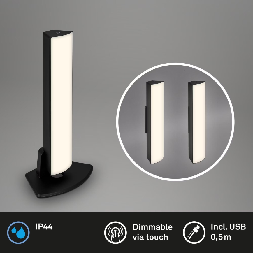 Briloner 7474-015 - Lampada da tavolo da esterno ricaricabile 2 in 1 con LED dimmerabile e touch LED/7W/5V 2x2200 mAh USB 3000K IP44 nero