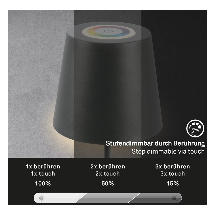 Briloner 7507015 - Dimmbare, wiederaufladbare LED-RGB-Outdoor Tischleuchte 2-in-1 LED/2,5W/5V IP44 anthrazit