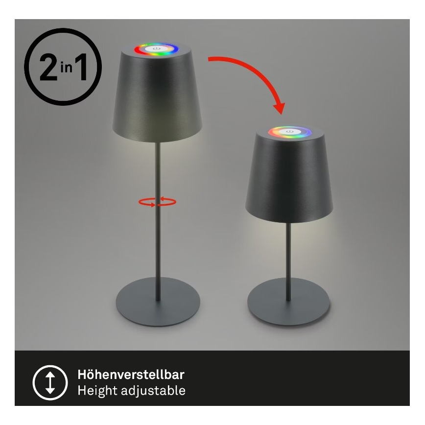Briloner 7507015 - Dimmbare, wiederaufladbare LED-RGB-Outdoor Tischleuchte 2-in-1 LED/2,5W/5V IP44 anthrazit