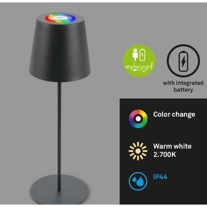 Briloner 7507015 - Lampe de table d'extérieur RGB à intensité variable rechargeable 2en1 LED/2,5W/5V IP44 anthracite