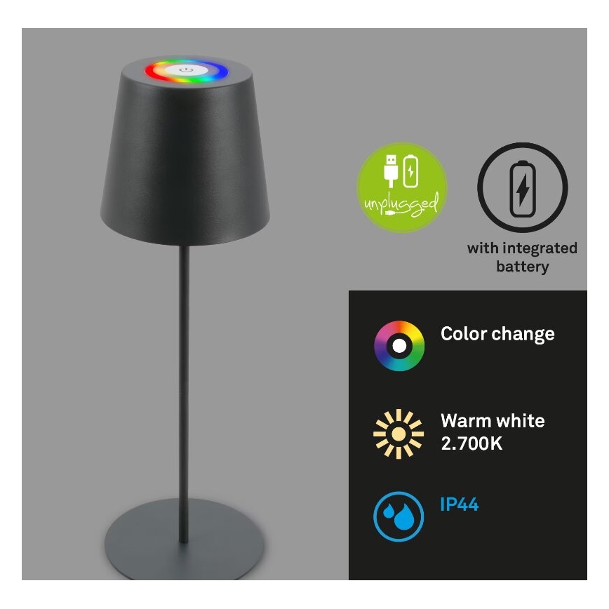 Briloner 7507015 - Lampe de table d'extérieur RGB à intensité variable rechargeable 2en1 LED/2,5W/5V IP44 anthracite