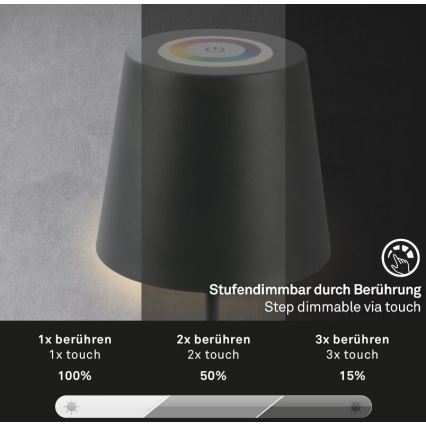 Briloner 7507015 - Lampe de table d'extérieur RGB à intensité variable rechargeable 2en1 LED/2,5W/5V IP44 anthracite