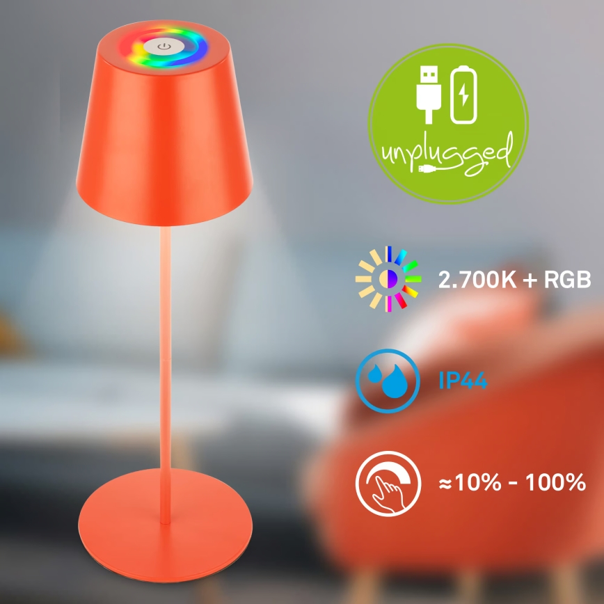 Briloner 7510012 - Lampada da tavolo ricaricabile per esterni LED RGBW dimmerabile CALIDA LED/2,5W/5V IP44 1200 mAh arancione
