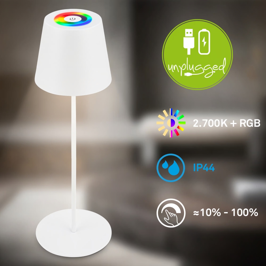 Briloner 7510016 - Lampada da tavolo ricaricabile da esterno dimmerabile LED RGBW CALIDA LED/2,5W/5V IP44 1200 mAh bianca