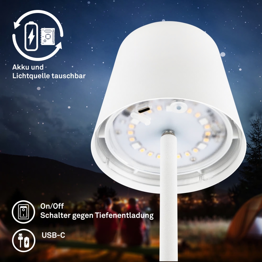 Briloner 7517016 - Lampe de table d'extérieur rechargeable CILANO LED RGBW dimmable, 3W/5V, IP44, 2000 mAh, blanche