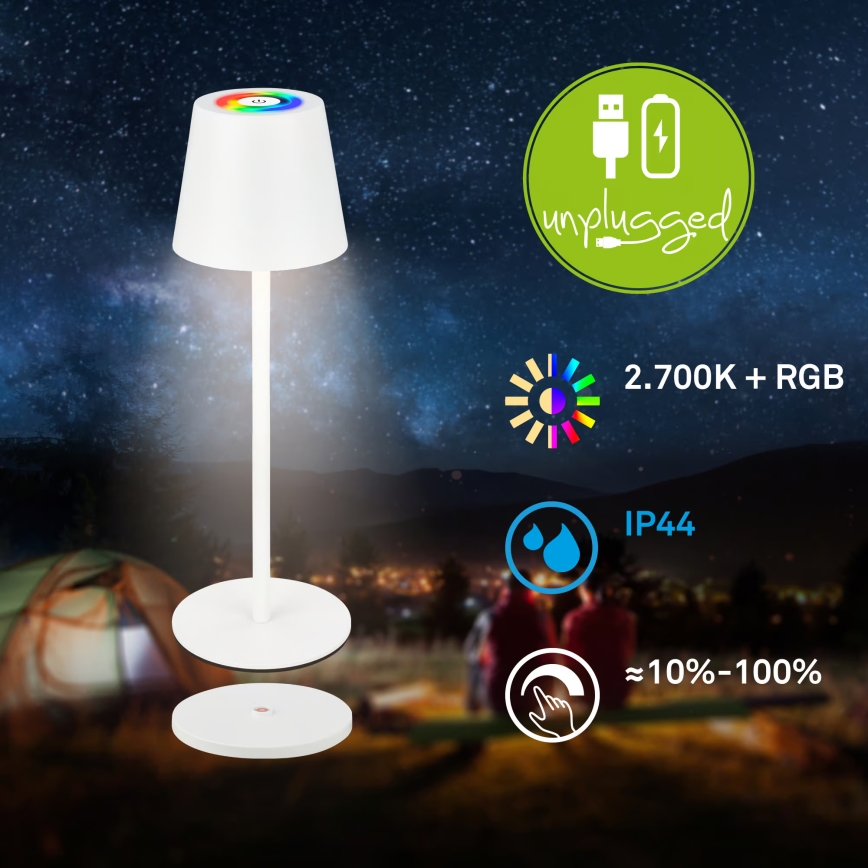 Briloner 7517016 - Lampe de table d'extérieur rechargeable CILANO LED RGBW dimmable, 3W/5V, IP44, 2000 mAh, blanche