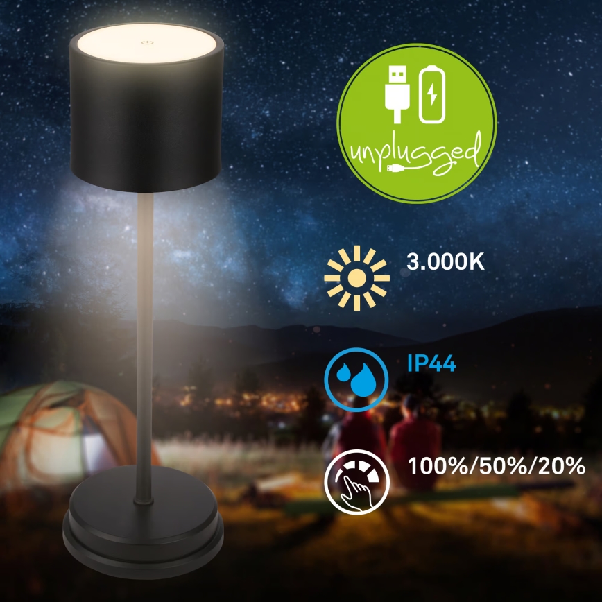 Briloner 7521015 - Lampada da tavolo LED ricaricabile dimmerabile per esterni SIGO LED/2,5W/5V IP44 2600 mAh nera
