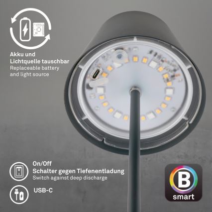 Briloner 7559015 - Lampada da tavolo ricaricabile per esterni dimmerabile LED RGB COLORIS LED/3,5W/5V IP44 2000 mAh antracite Wi-Fi Tuya