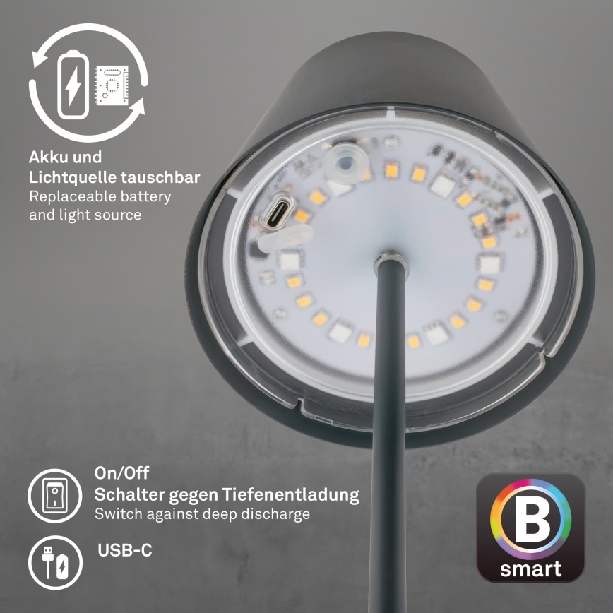 Briloner 7559015 - Lampada da tavolo ricaricabile per esterni dimmerabile LED RGB COLORIS LED/3,5W/5V IP44 2000 mAh antracite Wi-Fi Tuya