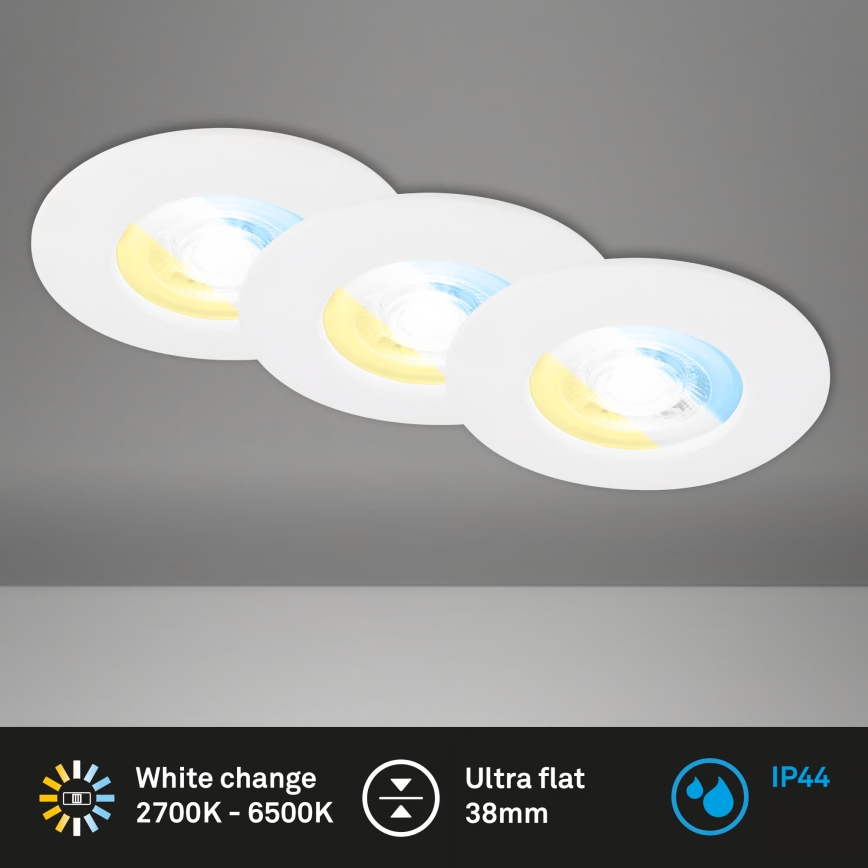 Briloner 7605036 - Lot de 3 spots LED encastrables pour salle de bains LED/4,9W/230V 2700/4000/6500K IP44 blanc