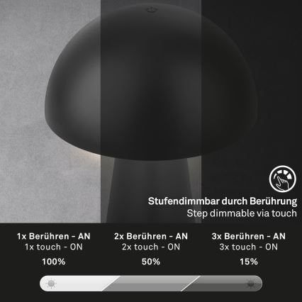 Briloner - Lampada da tavolo da esterno ricaricabile a LED dimmerabile a sfioramento/2,6W/5V 3000K IP44 2000 mAh nera