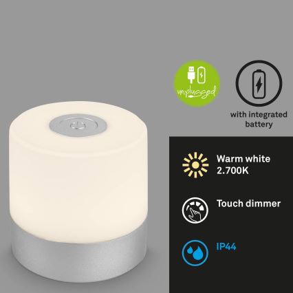 Briloner - Lampada da tavolo LED da esterno ricaricabile dimmerabile a sfioramento LED/2W/5V 2700K IP44 1200 mAh cromo satinato