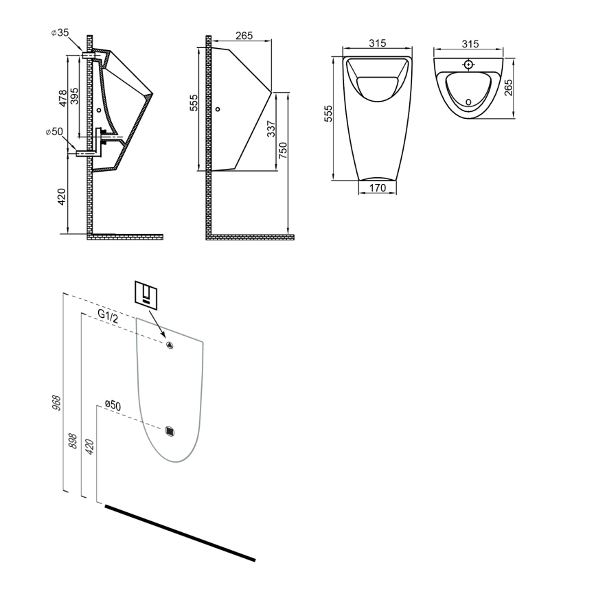 Bruckner - Urinal SCHWARN, hinterer Zulauf und hinterer Ablauf, mit integriertem Spülventil 6 V DC, weiß