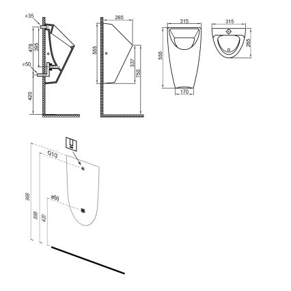 Bruckner - Pissoir SCHWARN zadní přívod, zadní odpad + integriertes Spülventil 6V DC schwarz