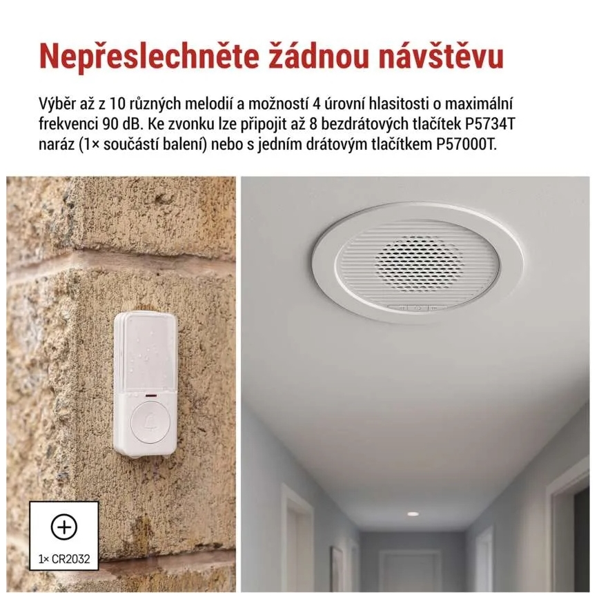 Campanello senza fili da incasso 230V + 1x CR2032, bianco