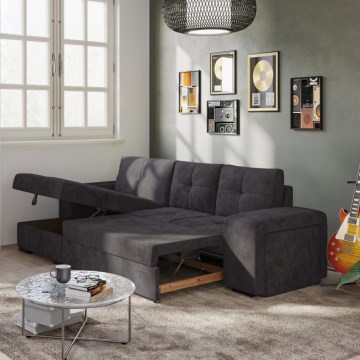 Canapé convertible PALERMO avec coffre de rangement et pouf, noir, version gauche