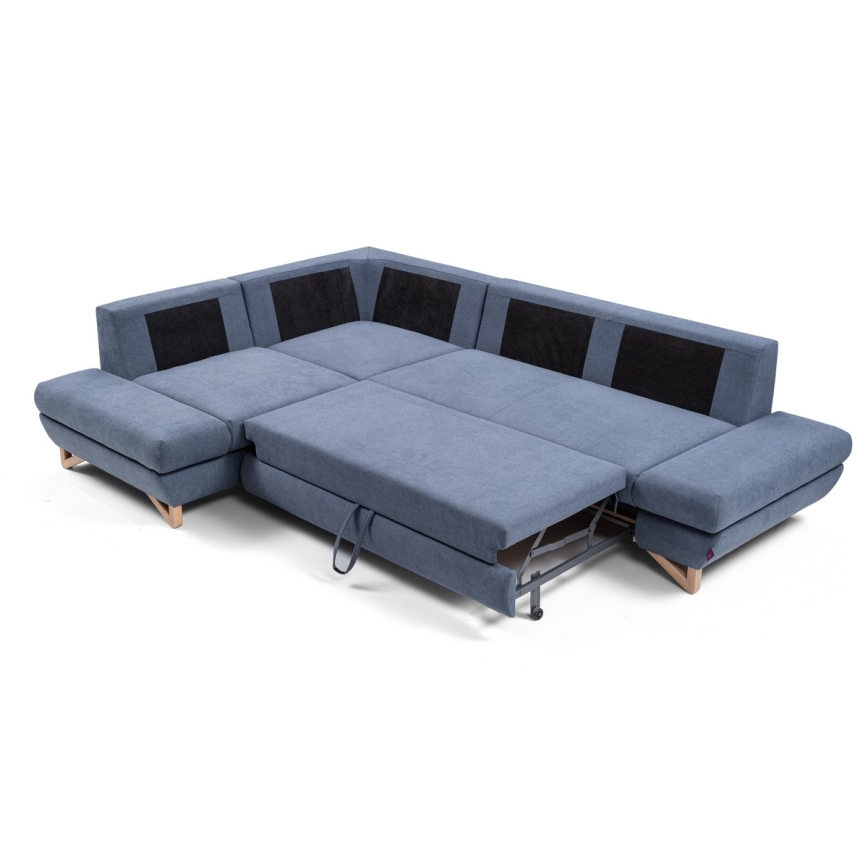 Canapé d'angle convertible rembourré AVESTA en configuration L (côté gauche), bleu, avec coffre de rangement