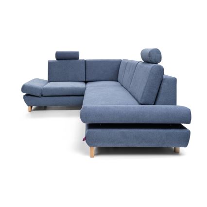 Canapé d'angle convertible rembourré AVESTA en configuration L (côté gauche), bleu, avec coffre de rangement