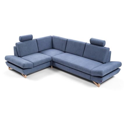 Canapé d'angle convertible rembourré AVESTA en configuration L (côté gauche), bleu, avec coffre de rangement