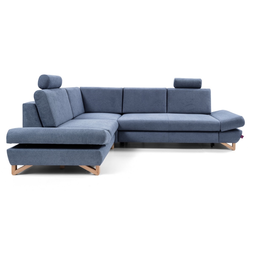 Canapé d'angle convertible rembourré AVESTA en configuration L (côté gauche), bleu, avec coffre de rangement