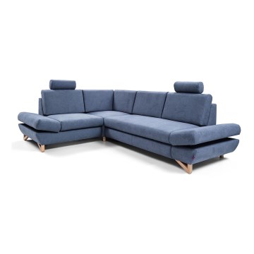 Canapé d'angle convertible rembourré AVESTA en configuration L (côté gauche), bleu, avec coffre de rangement