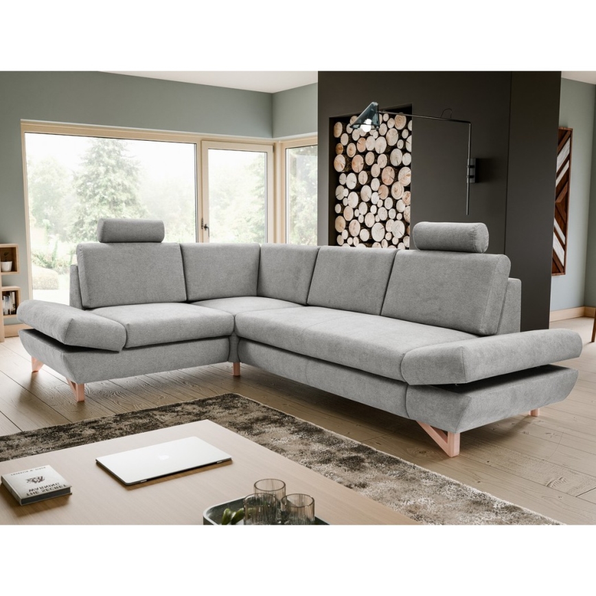 Canapé d'angle convertible rembourré AVESTA en L, avec coffre de rangement, angle gauche, gris