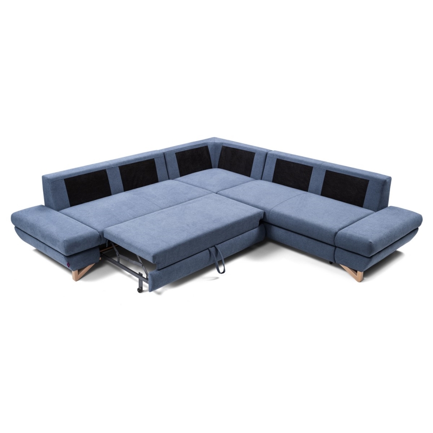 Canapé d'angle rembourré convertible en L AVESTA, bleu, avec coffre de rangement