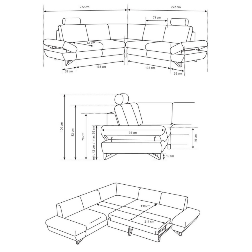 Canapé d'angle rembourré convertible en L AVESTA, bleu, avec coffre de rangement